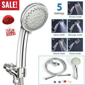 Handheld Shower Head Stainless High Pressure 5 Spray Settings Massage Spa Showerhead Chrome Face with Check Valve 5ft Steel Hose Adjustable Angle