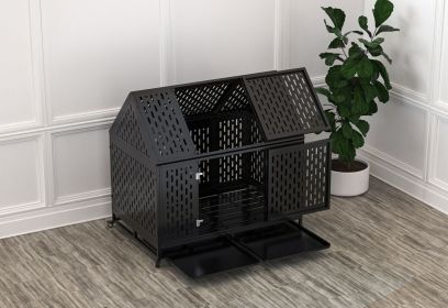 45" Heavy Duty Dog Crate Indestructible Pet Dog Cage Crate Kennel with Roof Top 2 Doors Removable Trays, Lockable Wheels