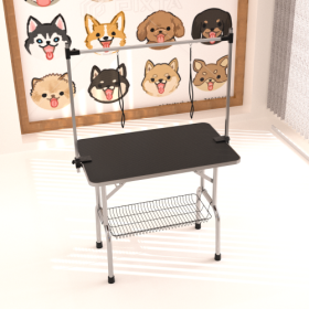 Professional Dog Pet Grooming Table Large Adjustable Heavy Duty Portable With Armrests And Lasso & Grid Tray (Color: Black)